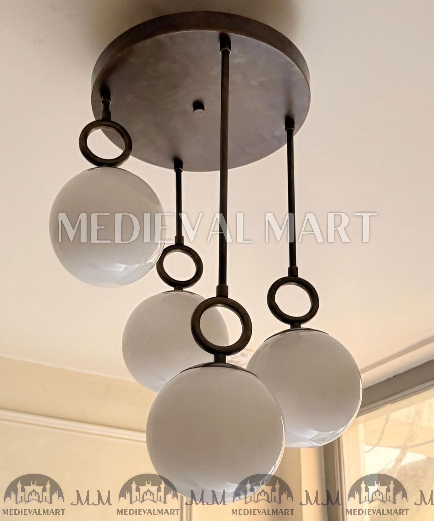 MEDIEVALMART Modern Handcrafted Raw Brass Chandelier | 4 Light Pendant | White Glass Globe Ceiling Light Fixture