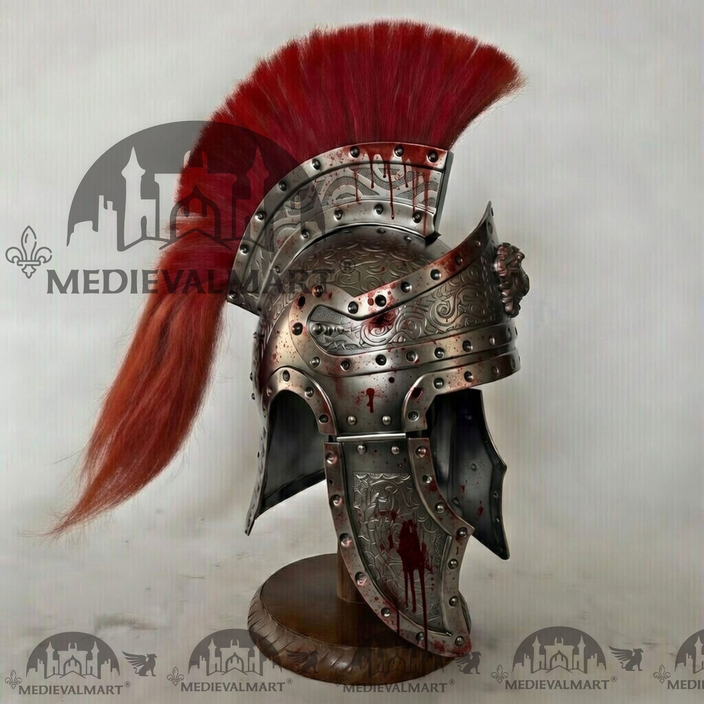 MEDIEVALMART Medieval Roman Centurion Silver Battle Damage W/H Blood Finish Helmet with Red Plume or Free Wooden Stand
