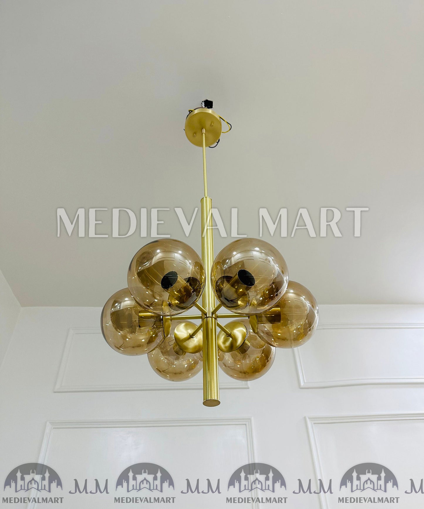 MEDIEVALMART Handmade Brass 6-Arm Glass Ball Chandelier Mid-Century Modern Light