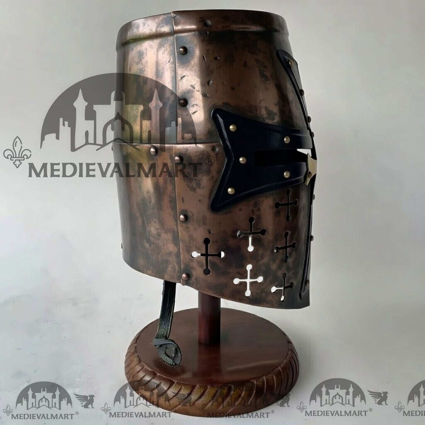 MEDIEVALMART Special Templar Crusader Knight Battle Damage Copper Finish Helmet W/H Free Stand