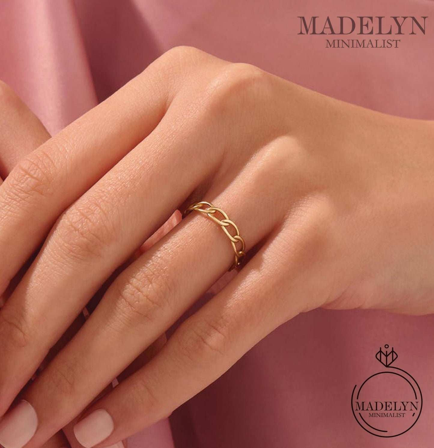 MADELYN MINIMALIST 14k Solid Gold Minimalist Oval Chain Ring, Curb Link Stacking Band for Women | Gift for Mom
