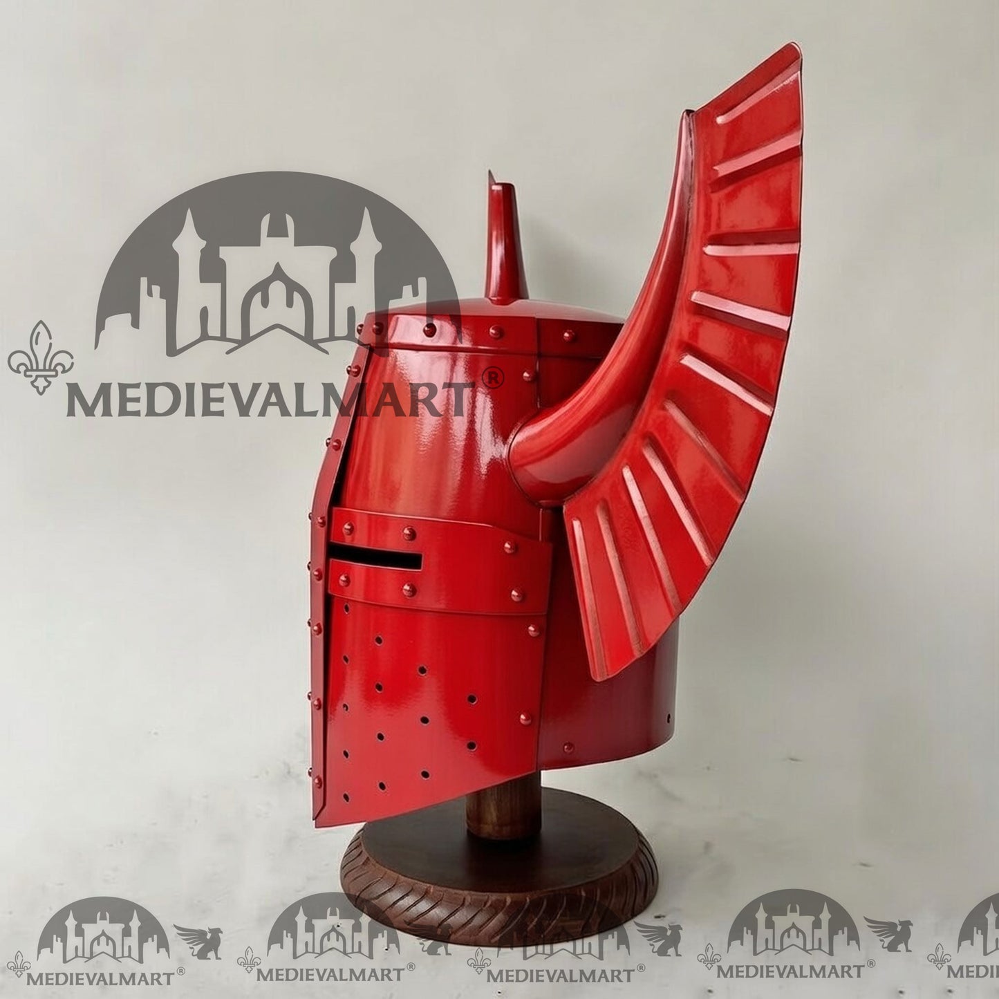 MEDIEVALMART Medieval Templar Warrior Teutonic Red Finish Wing Helmet with Free Stand
