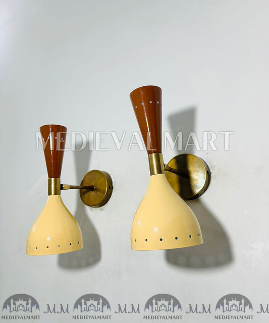 MEDIEVALMART Brass Wall Sconce Pair Beige & White Mid Century Italian Adjustable Lamp Light