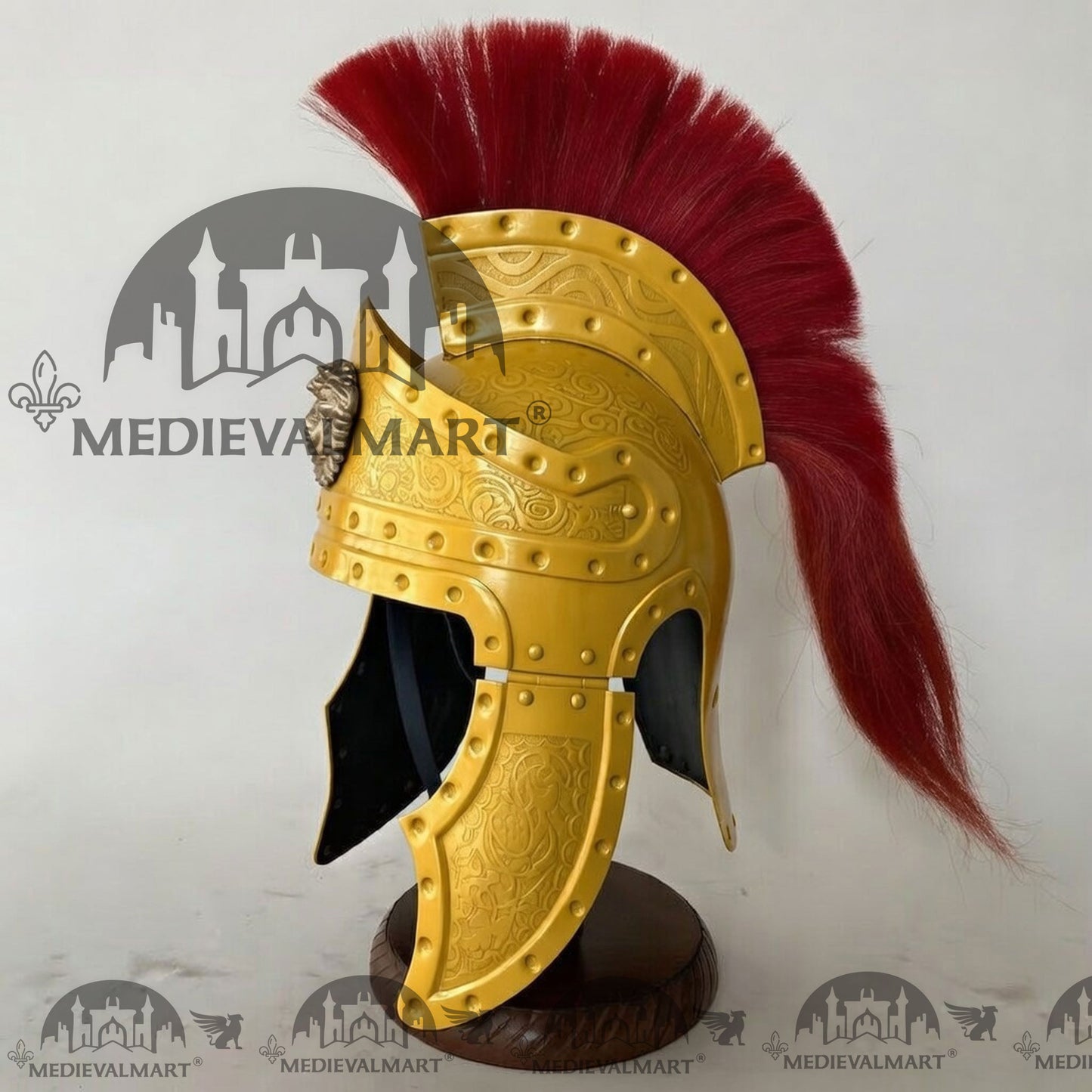 MEDIEVALMART Medieval Roman Centurion Yellow Finish Helmet with Red Plume or Free Wooden Stand