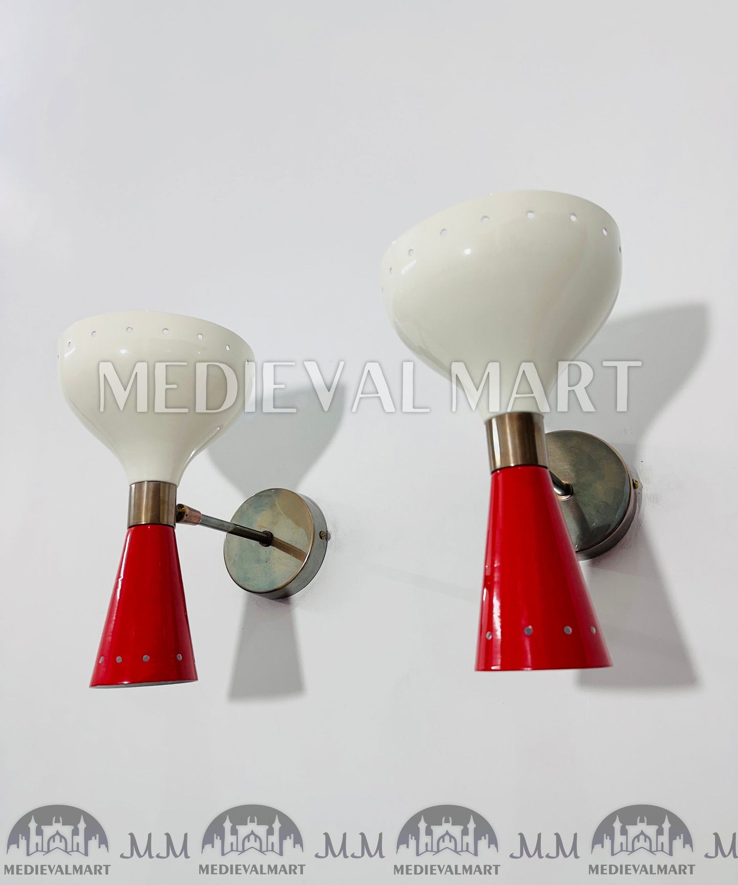 MEDIEVALMART Mid Century Brass Wall Sconce Pair: Italian Stilnovo Red & White Lamp
