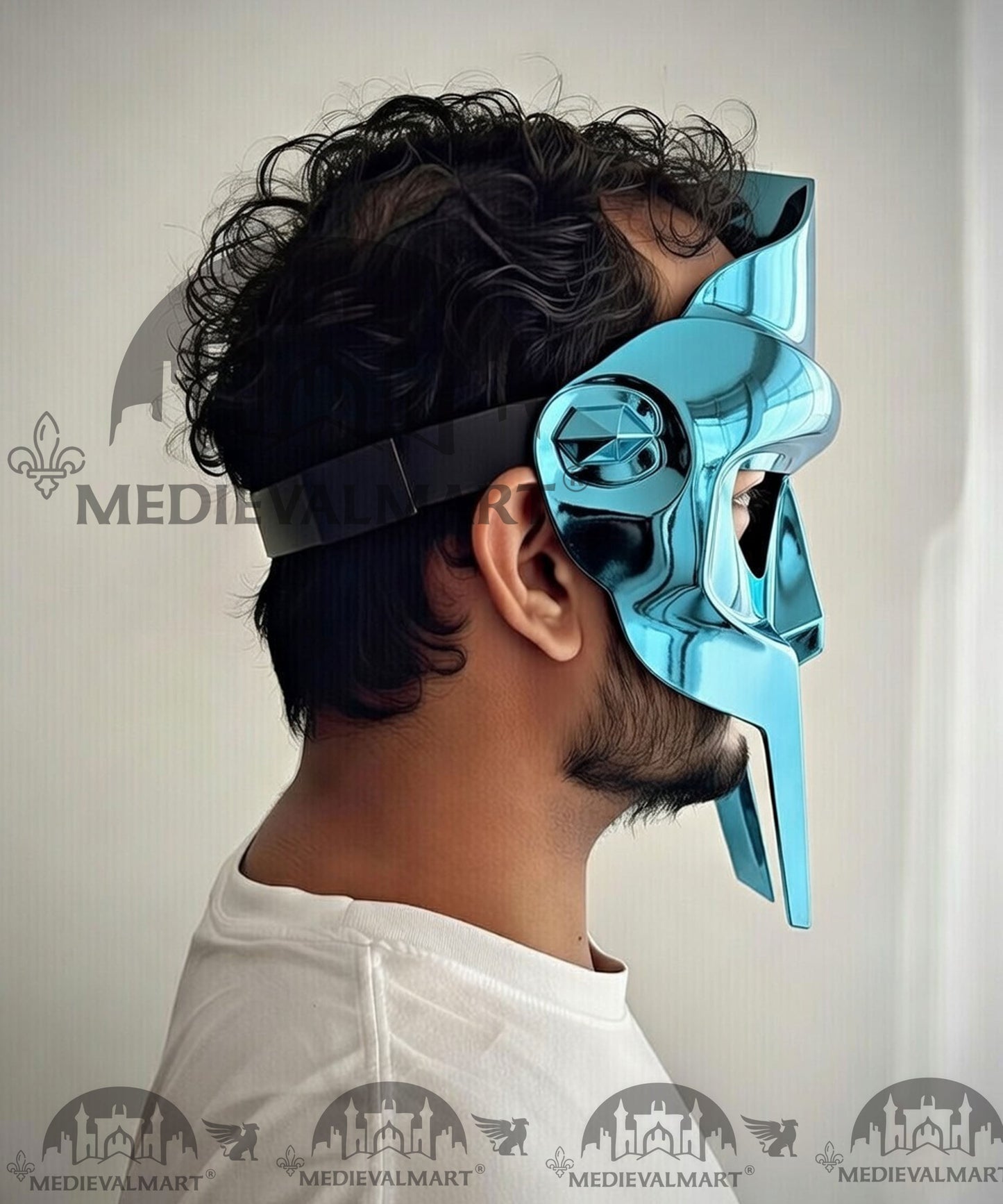 MEDIEVALMART PREMIUM MF DOOM Mask Mad Villain Aqua Blue Finish Steel Face Armor