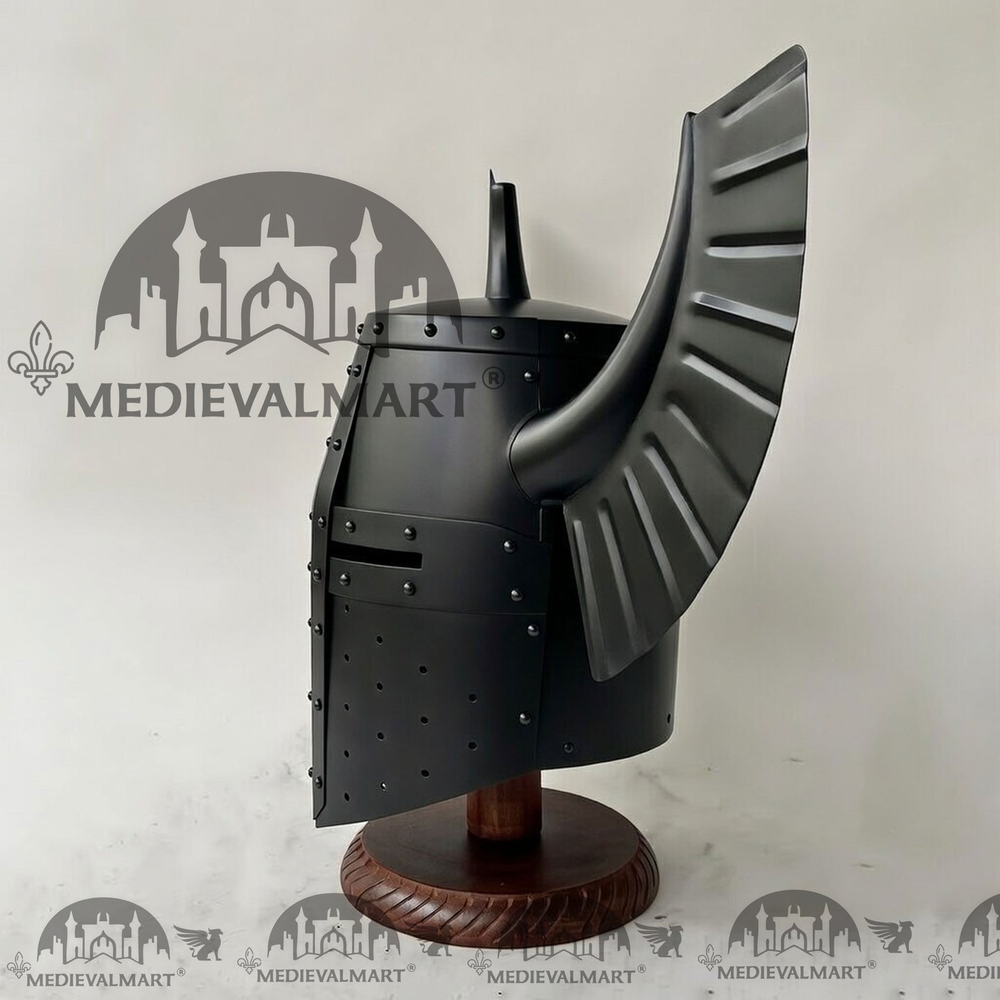 MEDIEVALMART Medieval Templar Warrior Teutonic Wing Helmet Black Finish with Free Stand