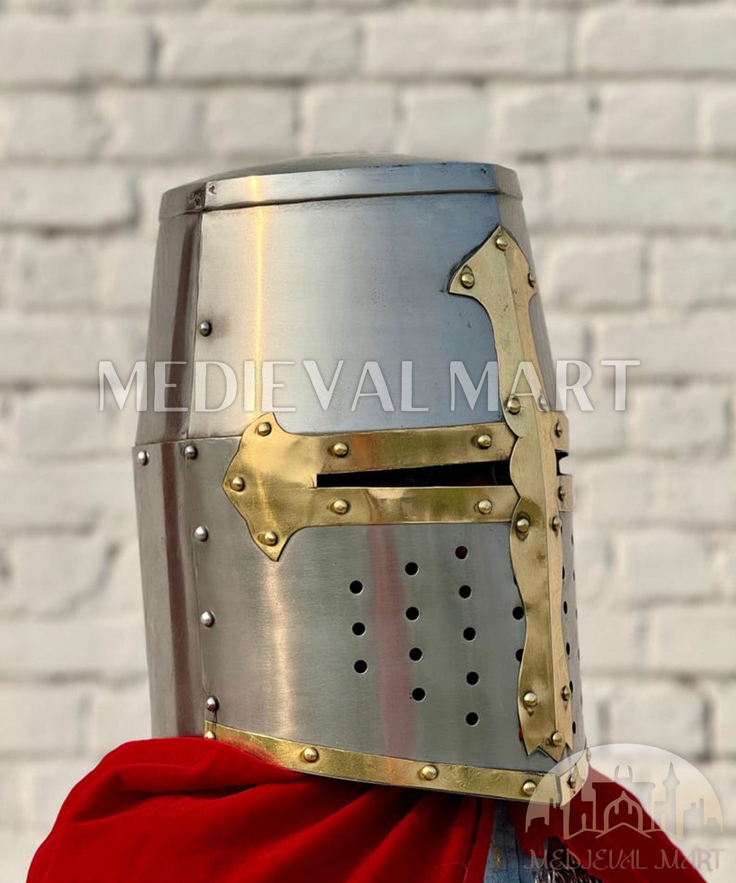 MEDIEVALMART Medieval Sivler Knight Templar Crusader Helmet W/H Brass Deco for LARP or Cosplay - Gift For Dad