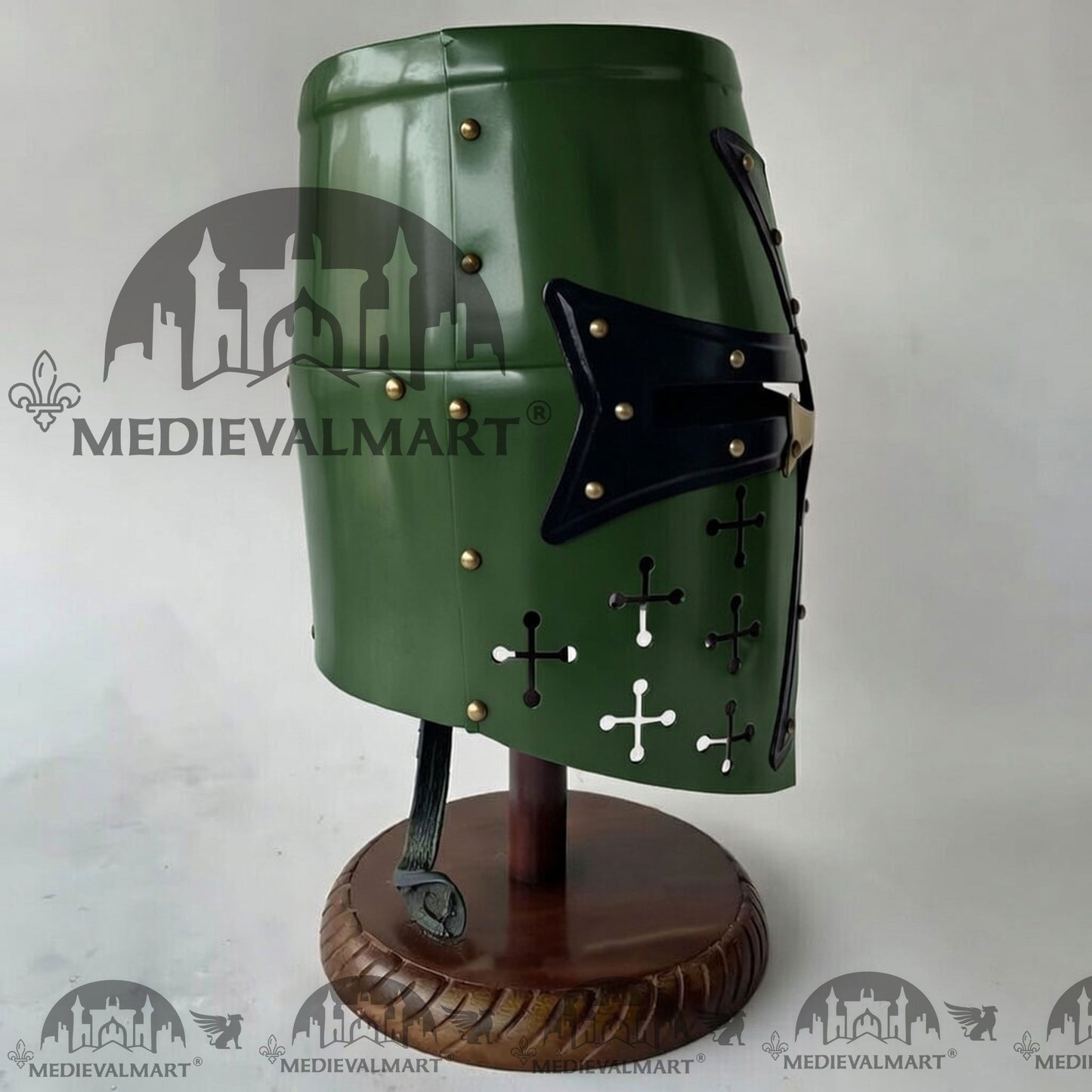 MEDIEVALMART Special Templar Crusader Knight Jade Green Finish Helmet W/H Free Stand