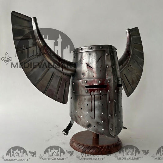 MEDIEVALMART Casque ailé de guerrier templier teutonique médiéval argenté vieilli avec finition sanglante et support gratuit