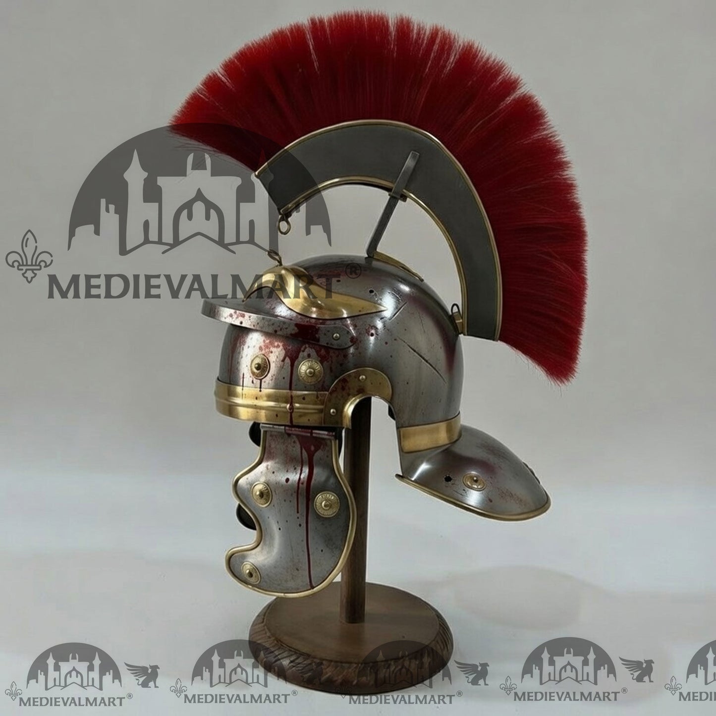 MEDIEVALMART Gallic Roman Centurion Silver Damage W/H Blood Finish Helmet Replica Red Plume with Free Stand