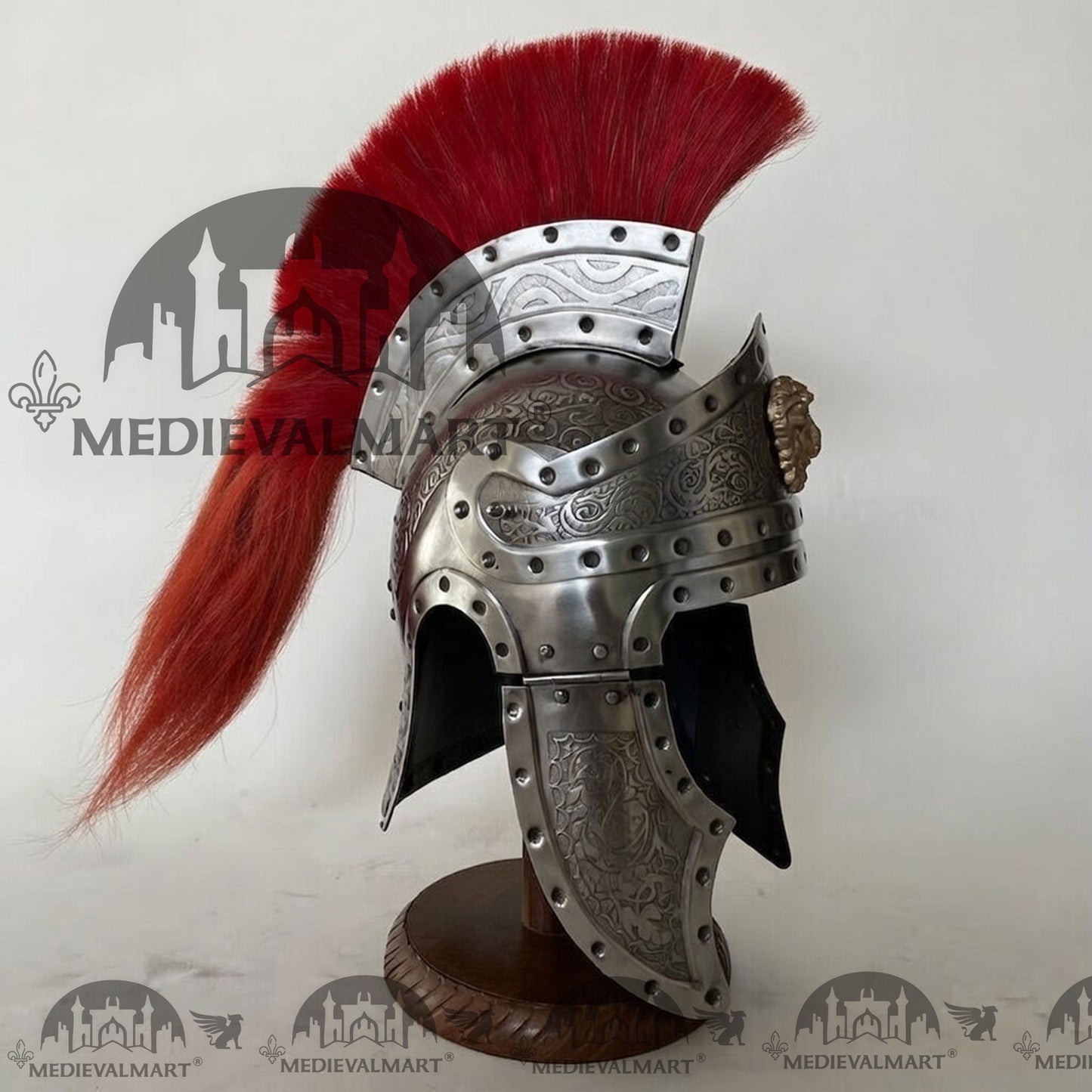 MEDIEVALMART Medieval Roman Centurion Silver Finish Helmet with Red Plume or Free Wooden Stand