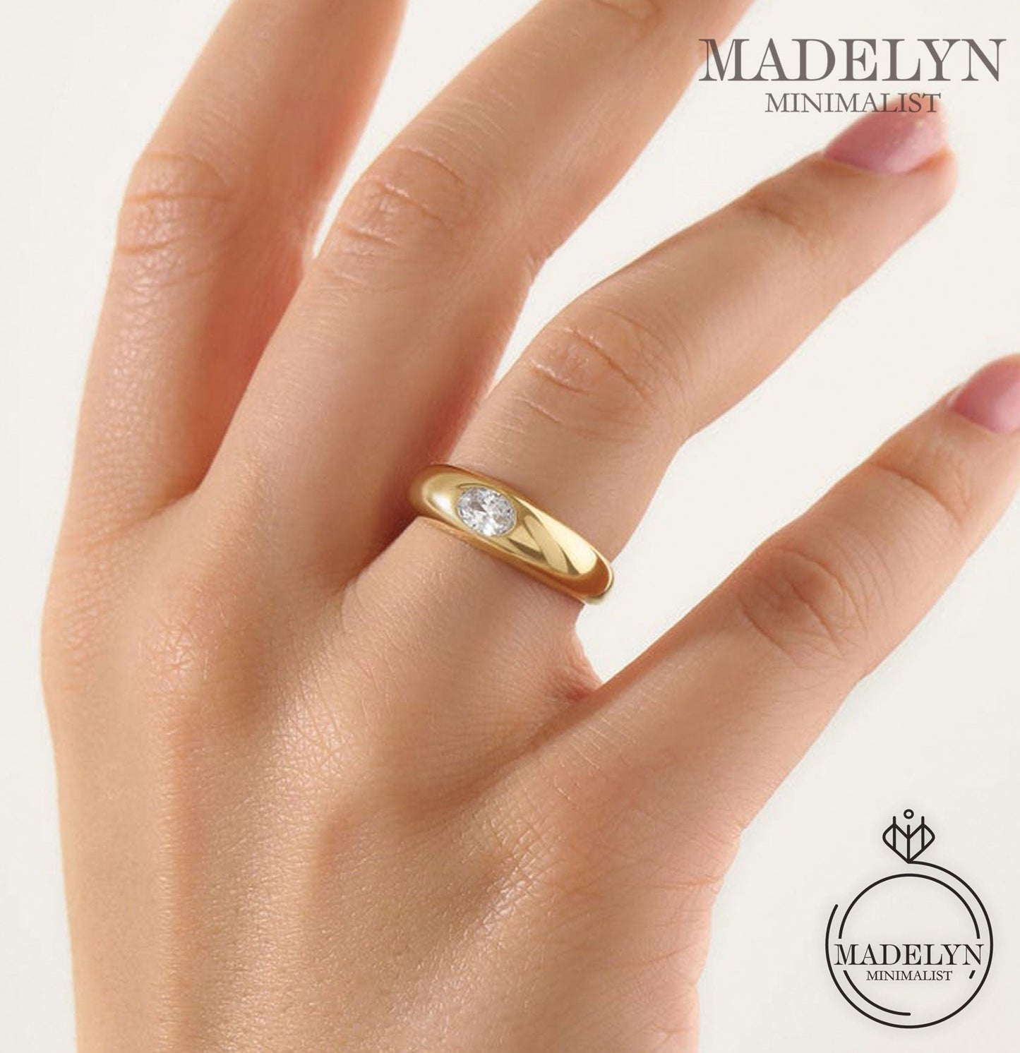 MADELYN MINIMALIST 14k Solid Gold Bezel Diamond Dome Engagement Ring Chunky Thick Band | Gift for Mom