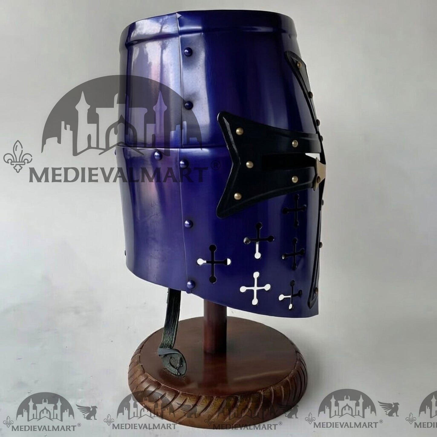 MEDIEVALMART Special Templar Crusader Knight Blue Finish Helmet W/H Free Stand