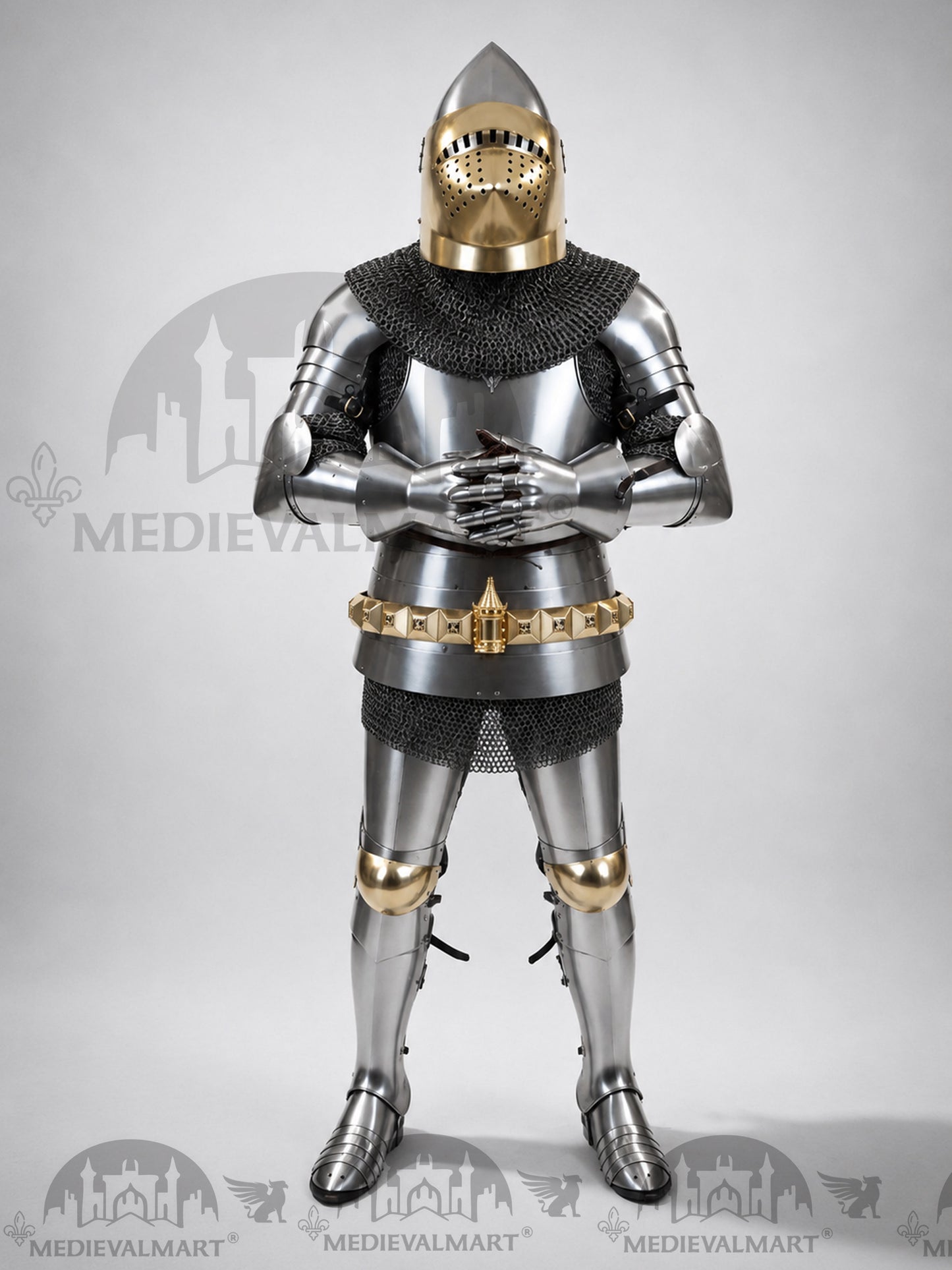 MEDIEVALMART Historical Knight Full Body Steel Armor Suit W/H Hundsgugel Helmet, Cuirass Stop Rib or Brass Touch