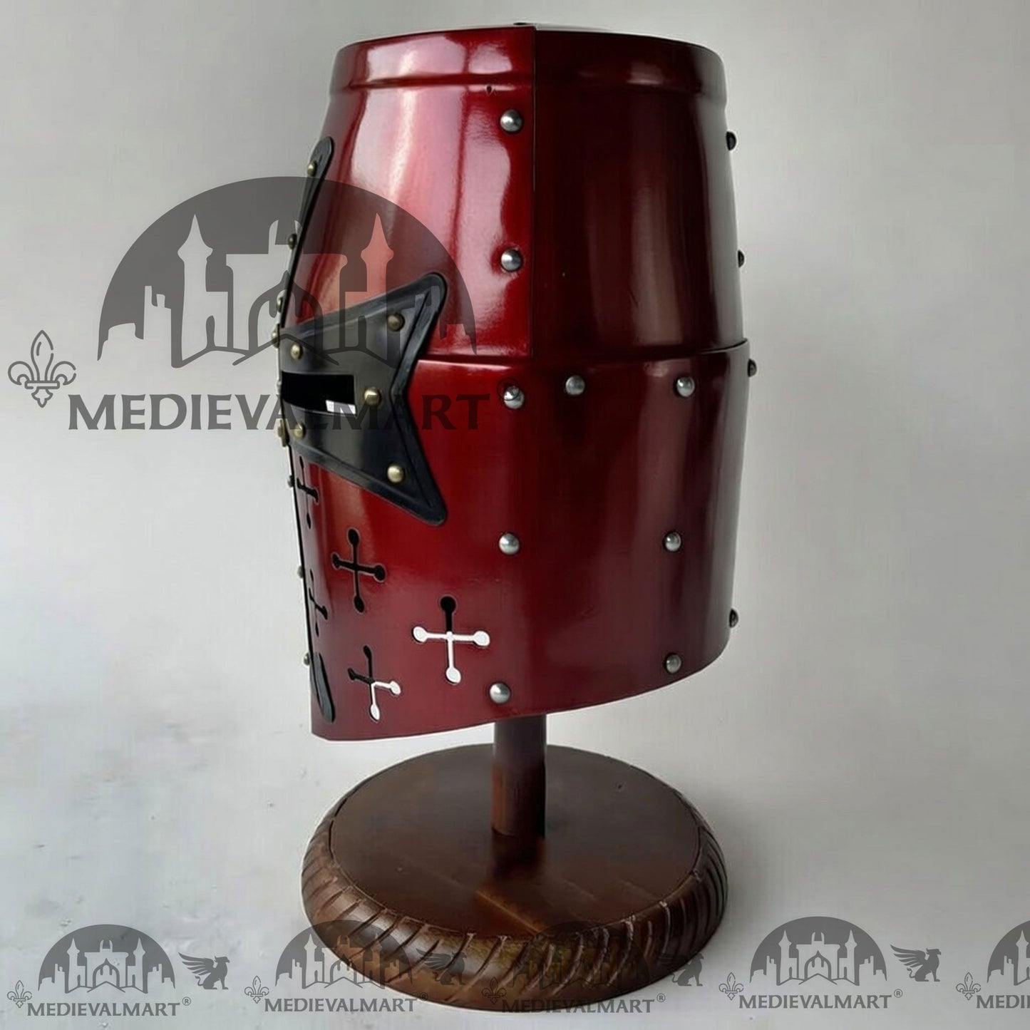MEDIEVALMART Special Templar Crusader Knight Maroon Red Finish Helmet W/H Free Stand