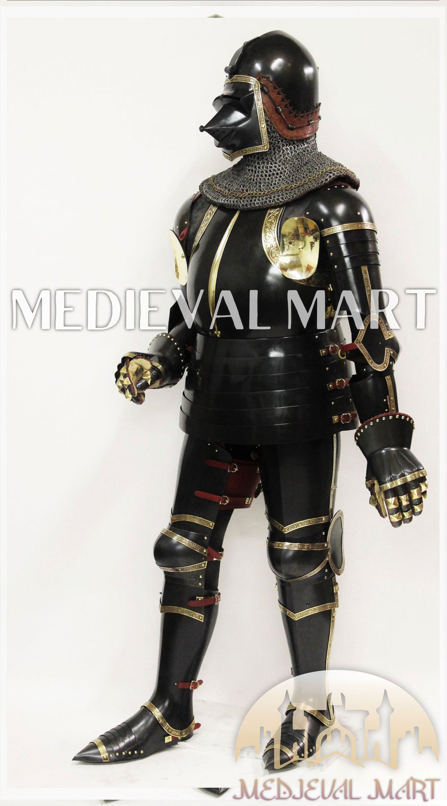 MEDIEVALMART Dark Paladin Imperial Guard Knight  Black & Brass Deco Full Body Metal Armor Costume W/H Houndskull