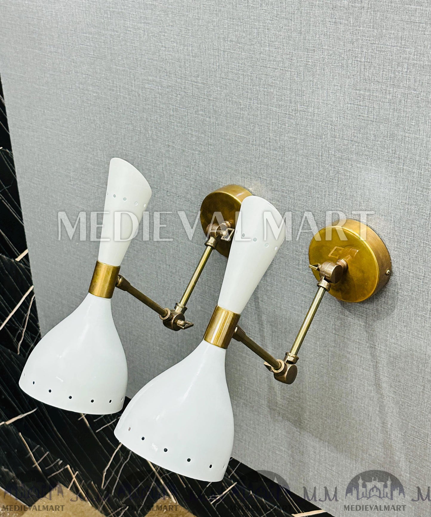 MEDIEVALMART Mid Century Italian Brass Wall Sconce Pair: Cream Diabolo Lamps