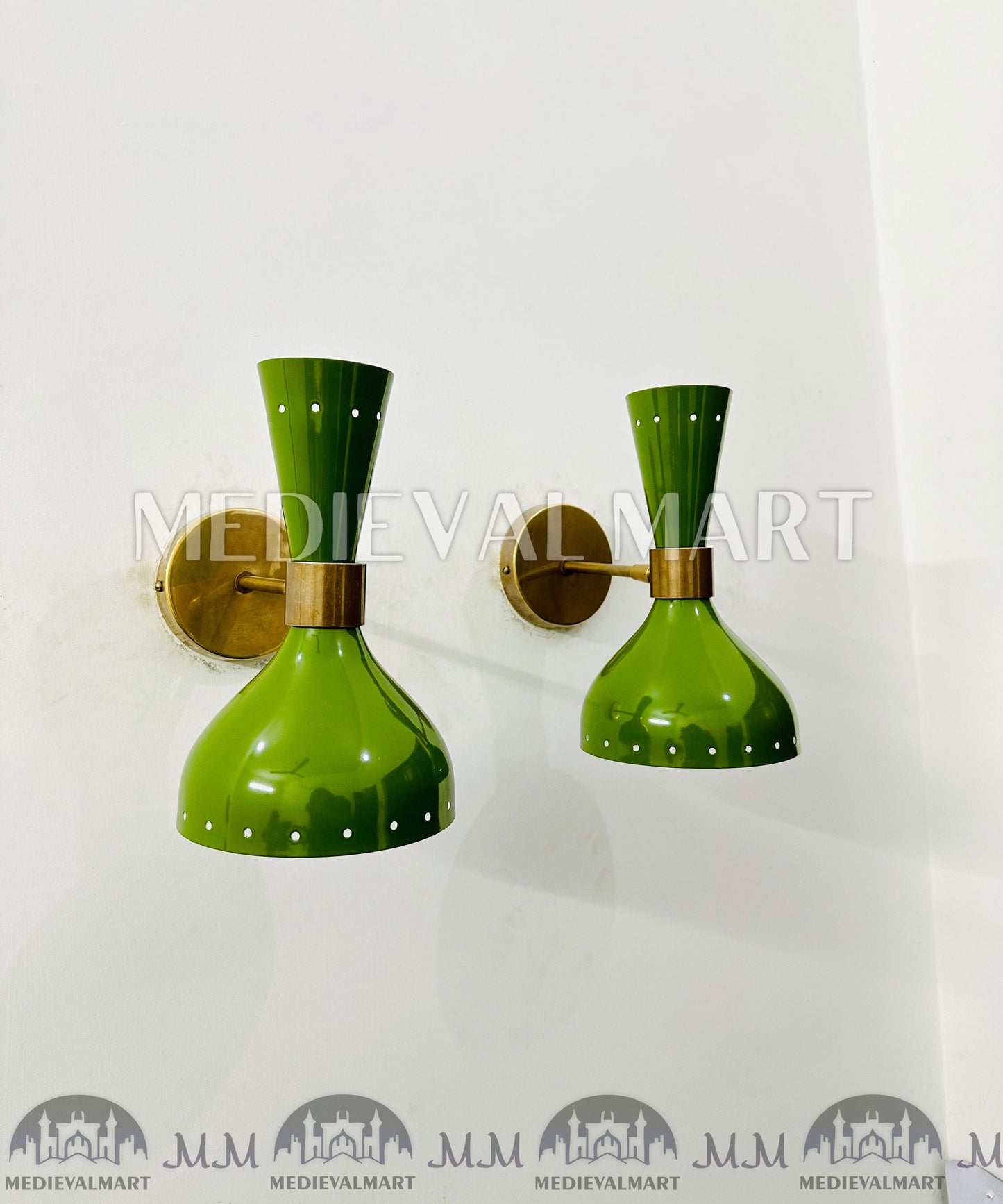 MEDIEVALMART 1950s Brass Mid Century Italian Diabolo Green Wall Scones Light