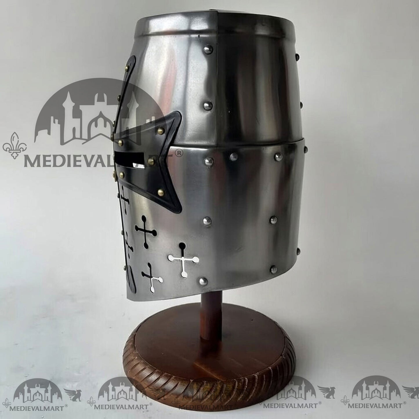 MEDIEVALMART Special Templar Crusader Knight Silver Finish Helmet W/H Free Stand