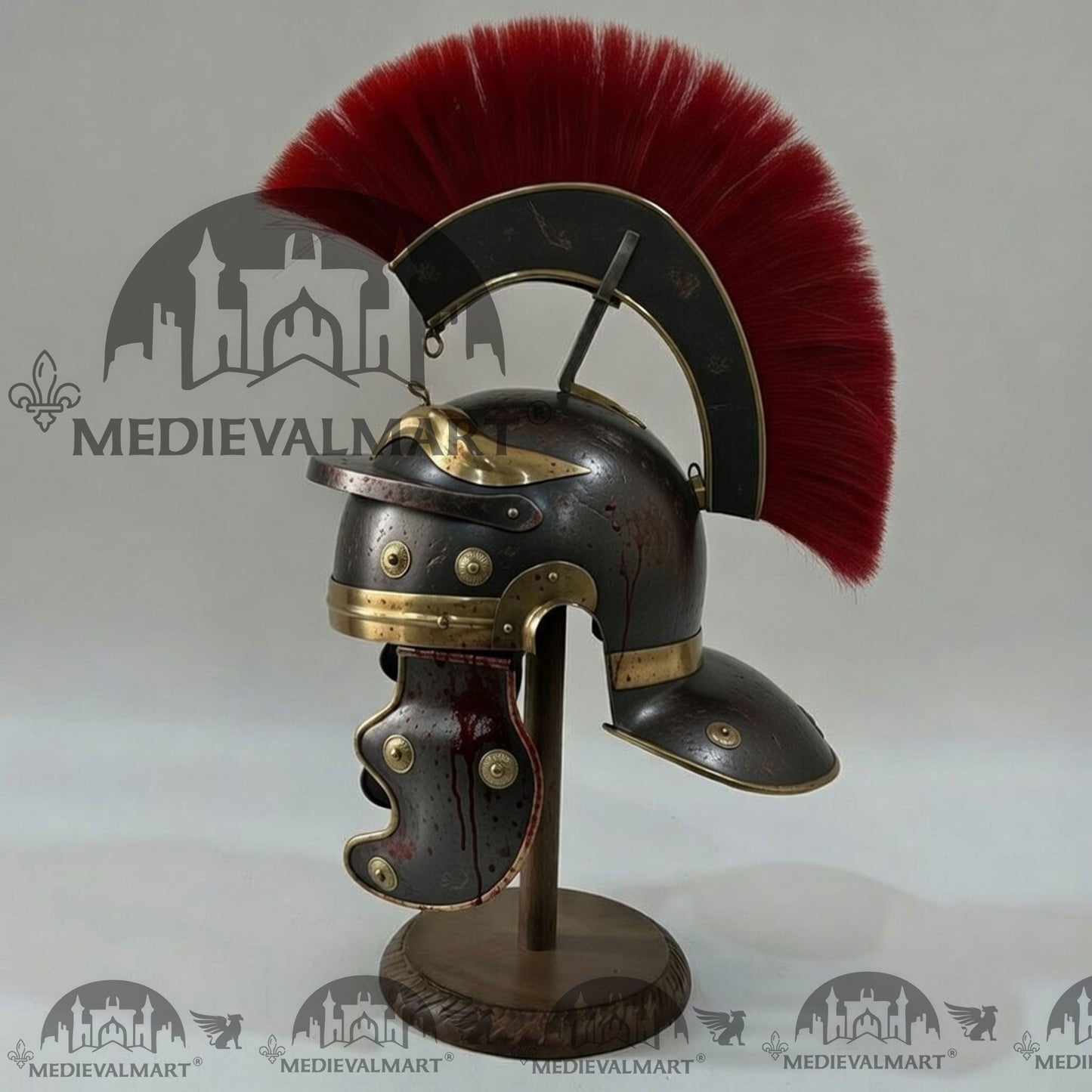 MEDIEVALMART Gallic Roman Centurion Black Damage W/H Blood Finish Helmet Replica Red Plume with Free Stand