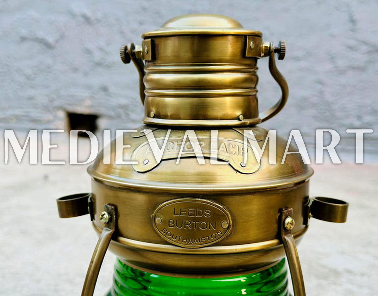 MEDIEVALMART Nautical Vintage Brass Green Glass Ship Oil Lamp - Personal Engraving Marine Lantern
