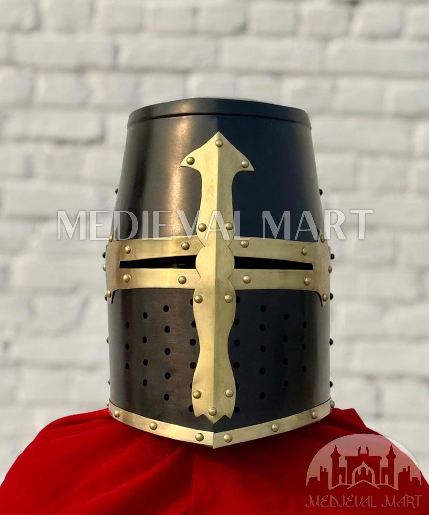 MEDIEVALMART Medieval Black Knight Templar Crusader  Knight Helmet W/H Brass Deco for LARP or Cosplay - Gift For Dad