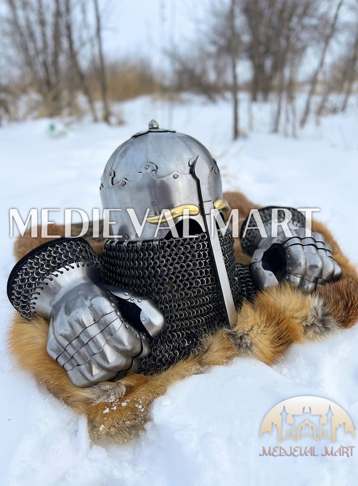 MEDIEVALMART 13th-Century Medieval Nasal Bascinet Chain Mail Helmet