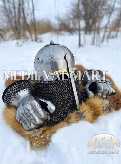 MEDIEVALMART 13th-Century Medieval Nasal Bascinet Chain Mail Helmet