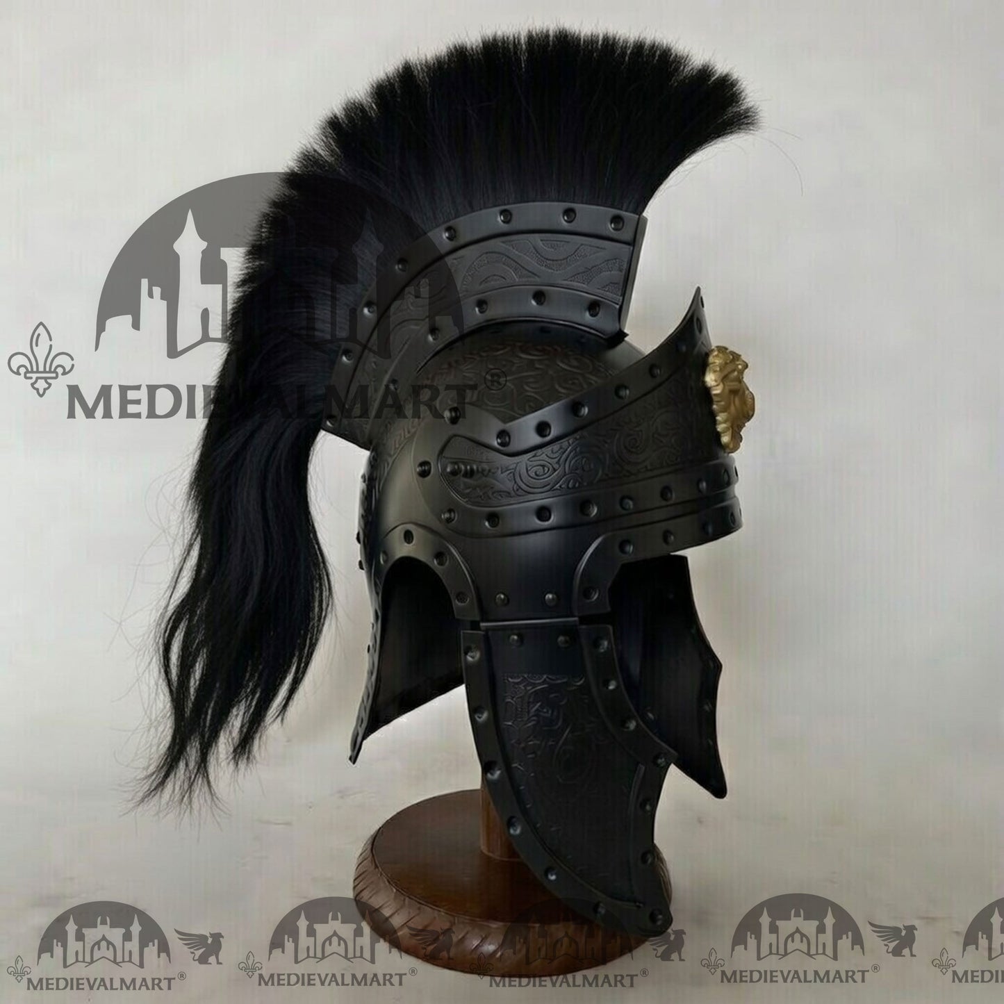 MEDIEVALMART Medieval Roman Centurion Black Finish Helmet with Black Plume or Free Wooden Stand