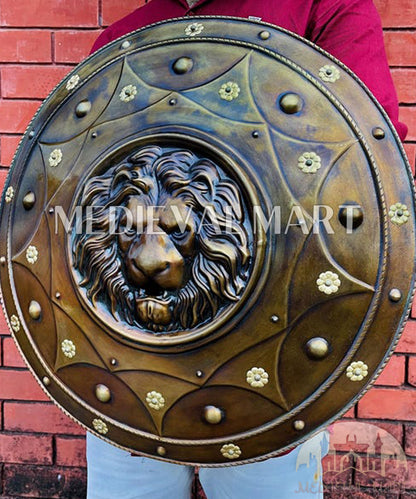 MEDIEVALMART Medieval Lion Face Spartan Shield Antique Finish | Gift For Dad
