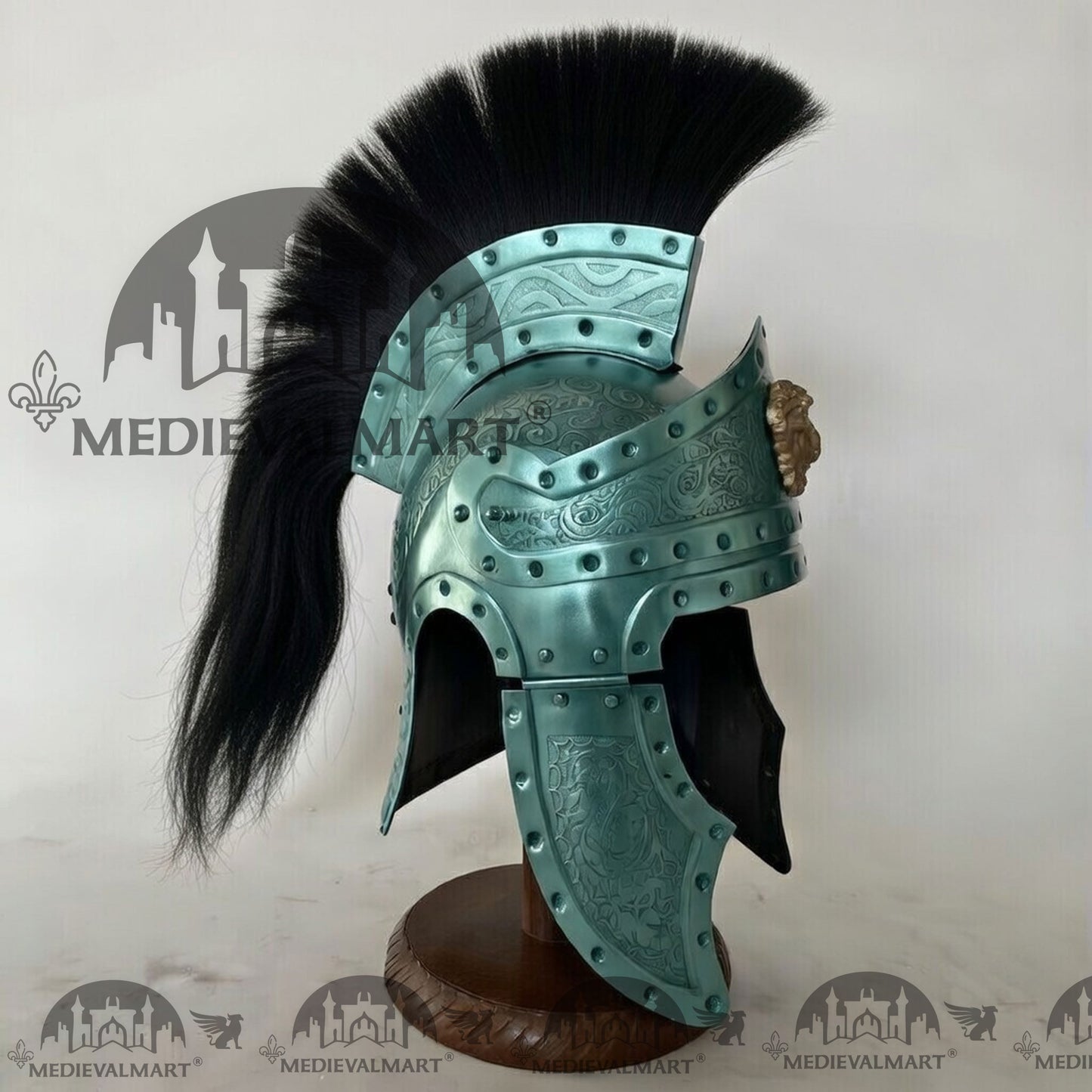 MEDIEVALMART Medieval Roman Centurion Aqua Blue Finish Helmet with Black Plume or Free Wooden Stand