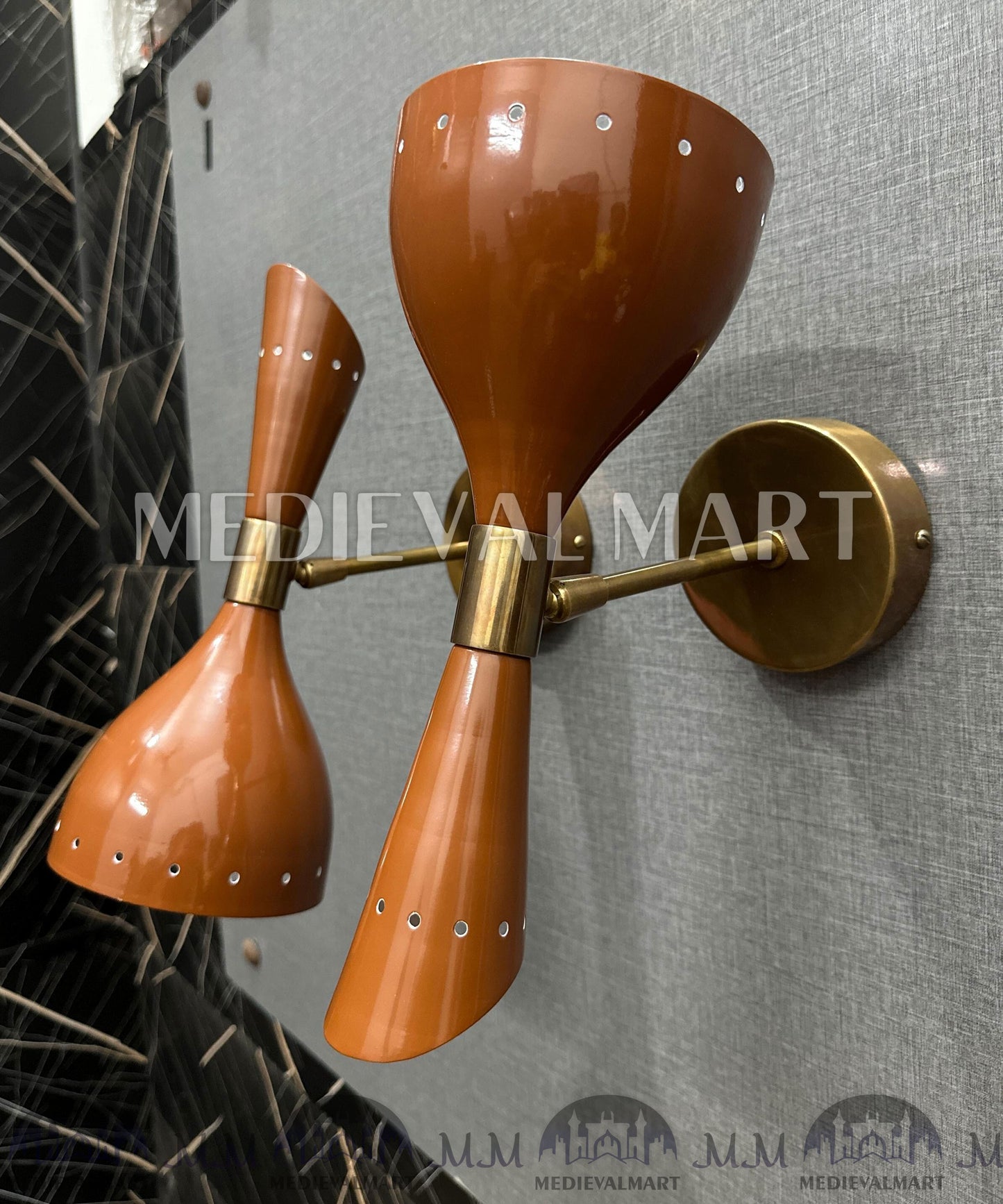 MEDIEVALMART Brass Double Cone Sconce Brown Wall Lamp, Handmade Vanity Light