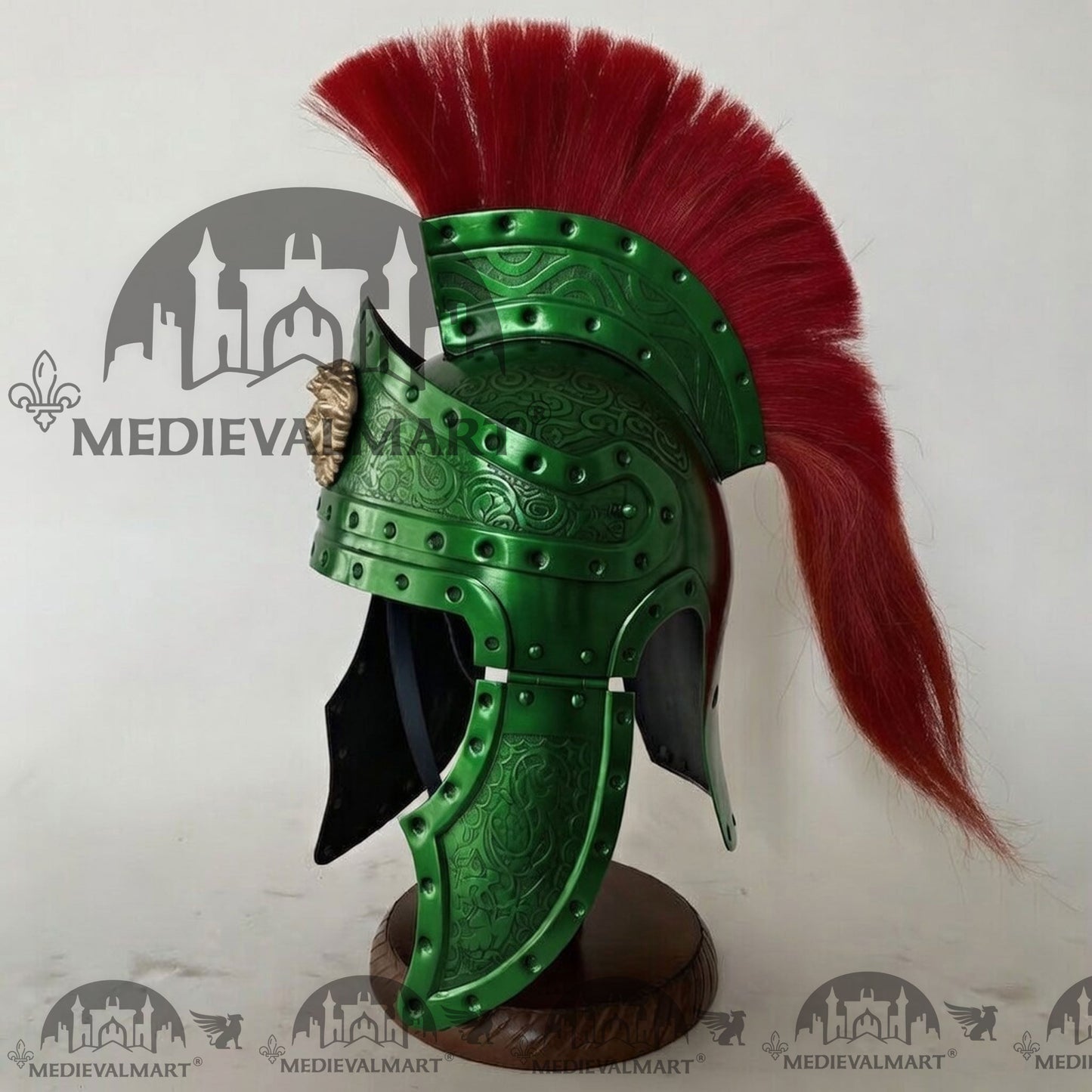 MEDIEVALMART Medieval Roman Centurion Green Finish Helmet with Red Plume or Free Wooden Stand