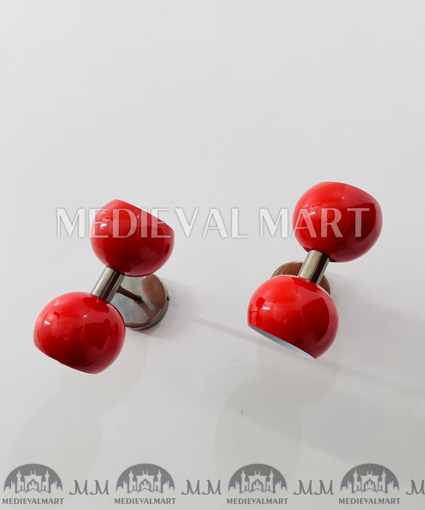 MEDIEVALMART Pair of Red Diabolo Wall Sconces: Mid-Century Italian Brass Fixture