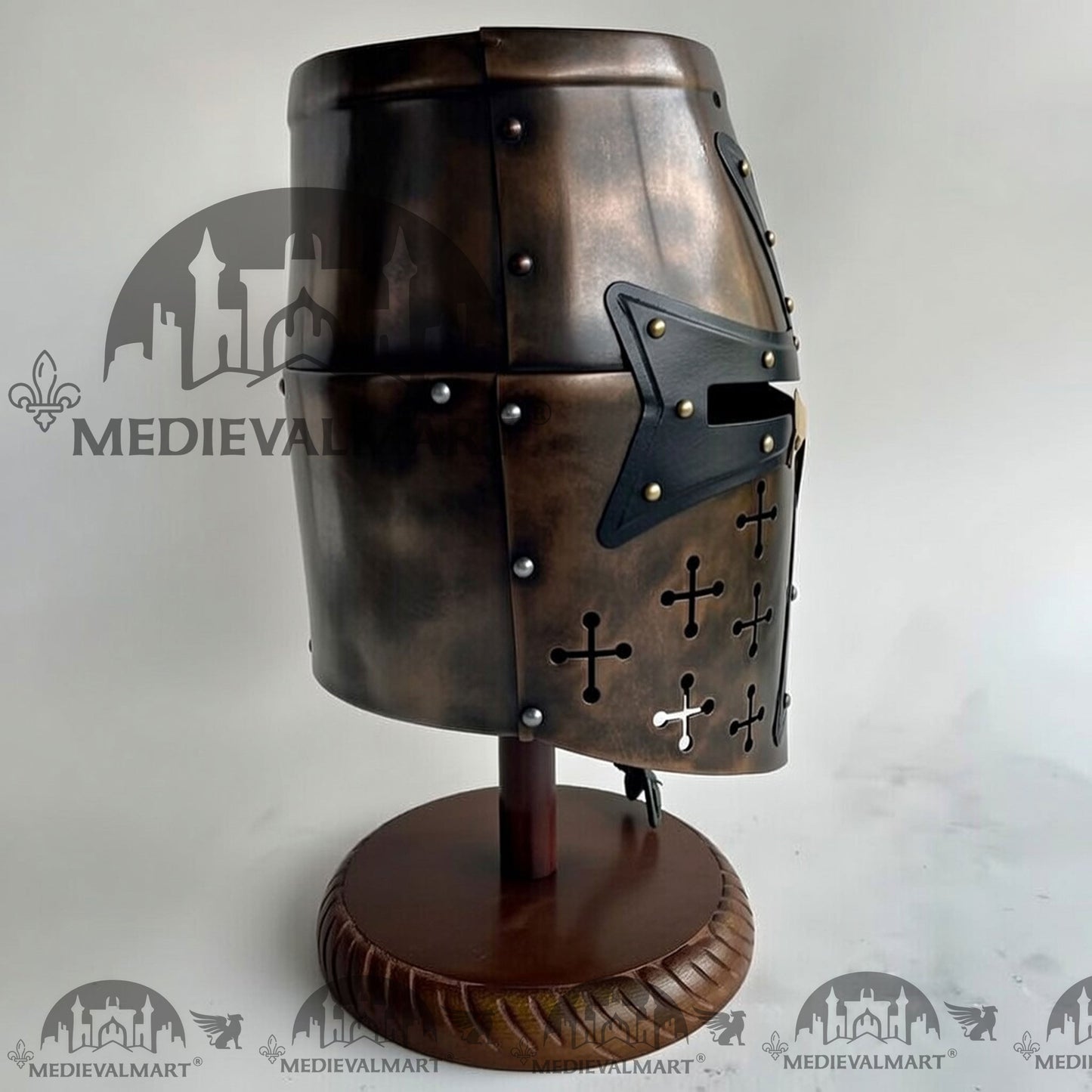 MEDIEVALMART Special Templar Crusader Knight Antique Bronze Finish Helmet W/H Free Stand