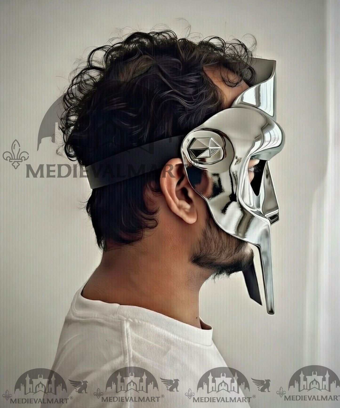 MEDIEVALMART PREMIUM MF DOOM Mask Mad Villain Metallic Silver Finish Steel Face Armor