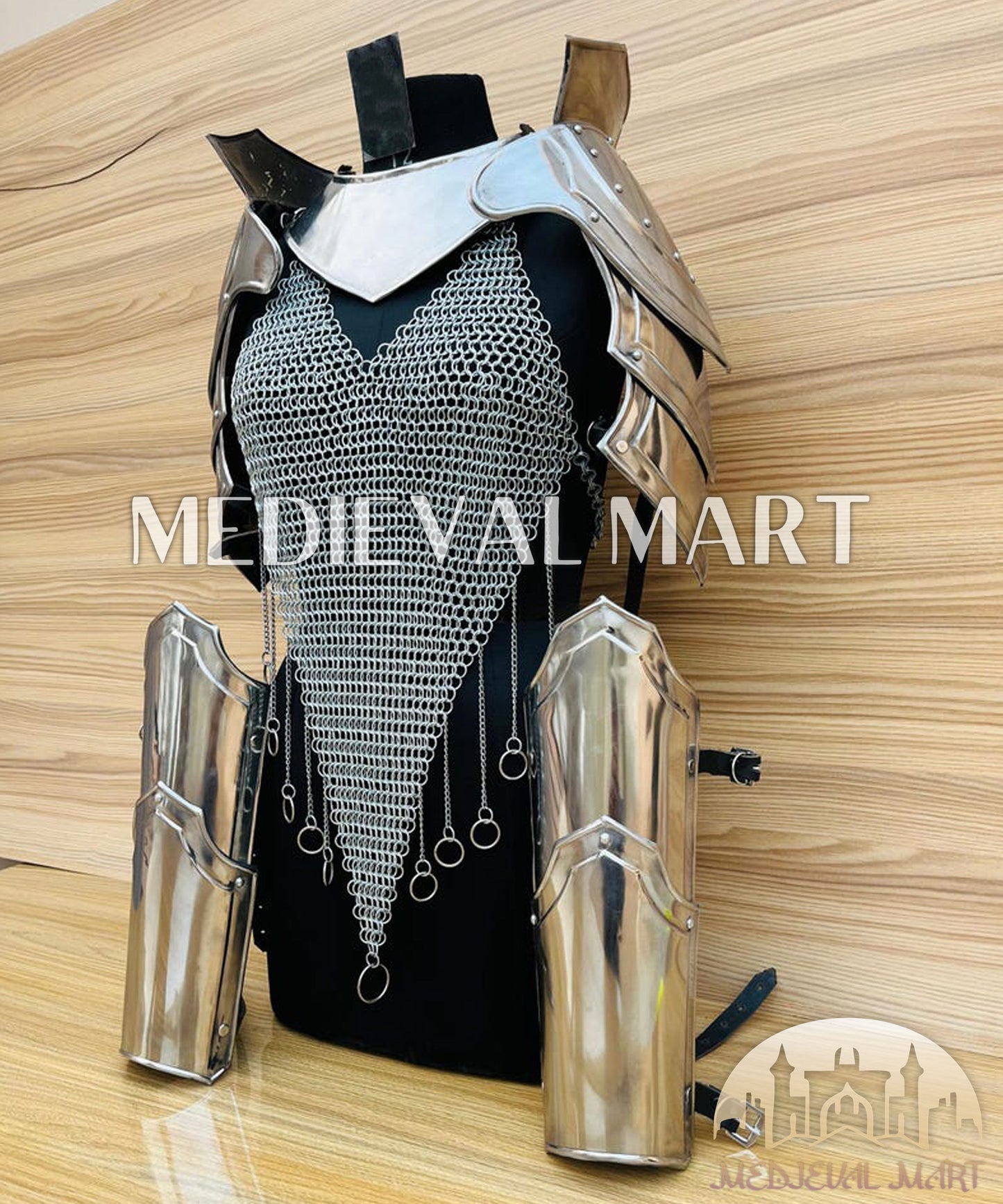 MEDIEVALMART (Isolara Dragonplate) Women’s Armor W/H Silver (DragonFang) Chainmail + Arms Armor