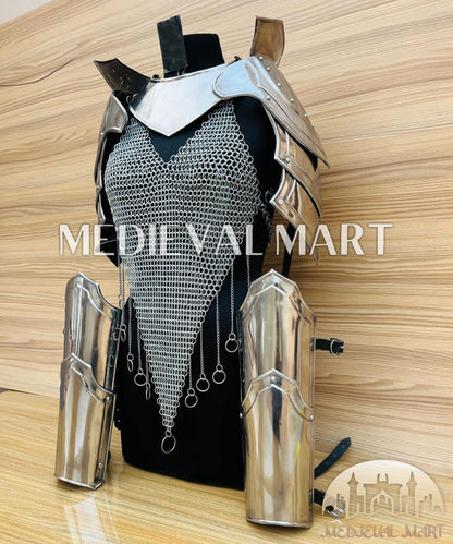 MEDIEVALMART (Isolara Dragonplate) Women’s Armor W/H Silver (DragonFang) Chainmail + Arms Armor