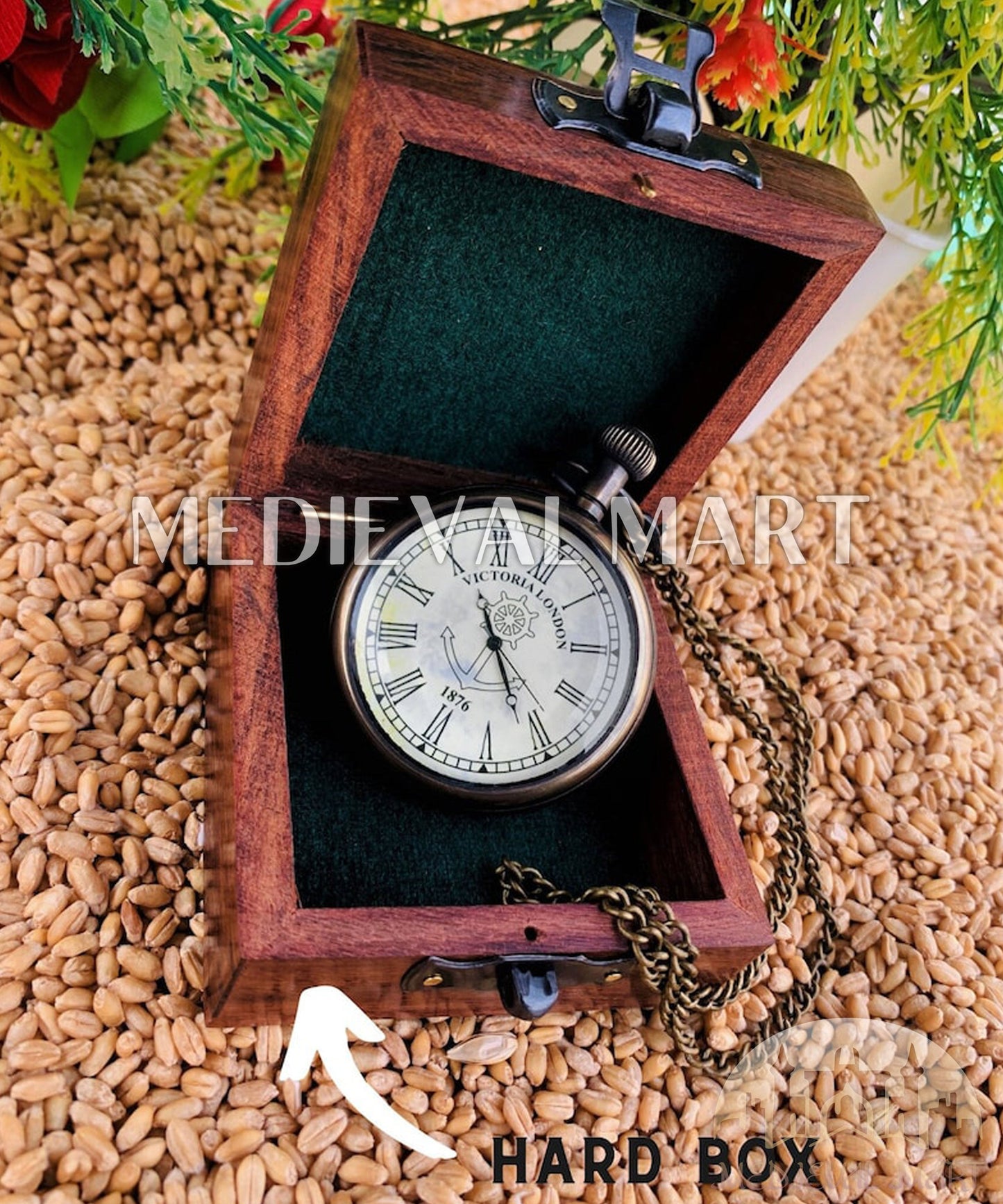 MEDIEVALMART Nautical Pirate Victorian Antique Locket Clock Bronze Finish W/H Gen-1 Wooden Case | Gift For Mom & Dad