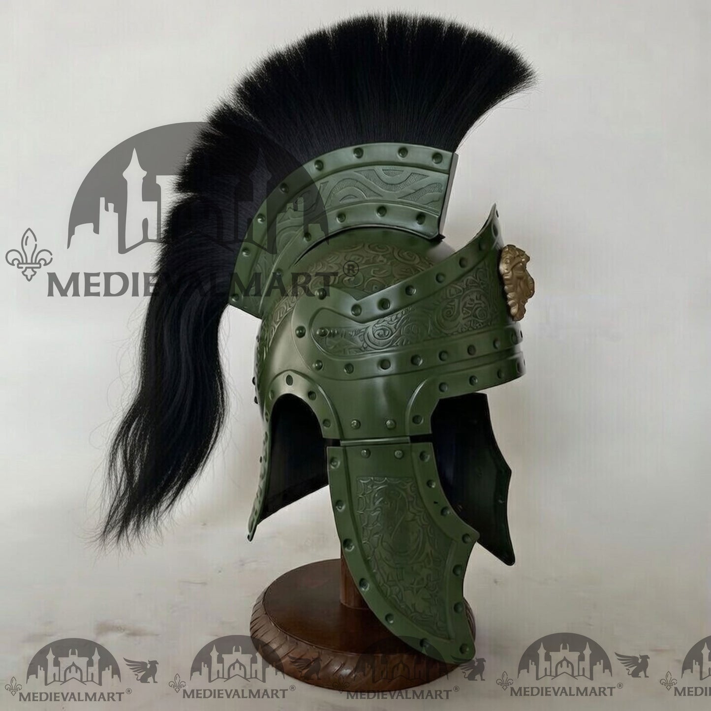 MEDIEVALMART Medieval Roman Centurion Jade Green Finish Helmet with Black Plume or Free Wooden Stand