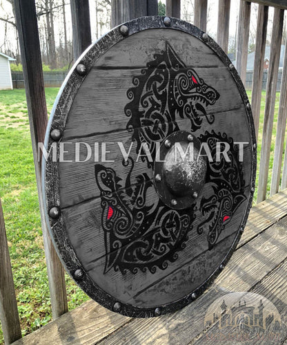 MEDIEVALMART Viking's Fenrir Gray Athena’s Authentic  Battleworn Viking Wooden Shield | Gifts For Dad