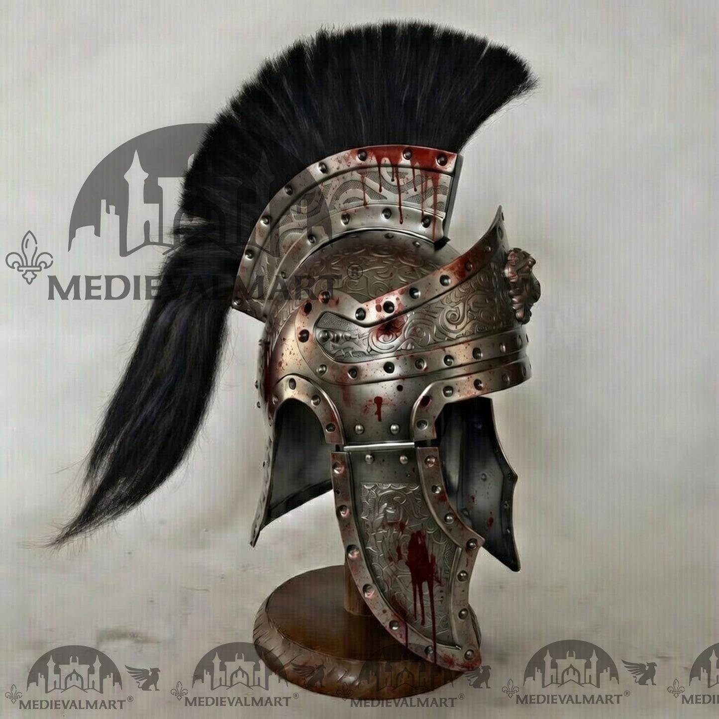 MEDIEVALMART Medieval Roman Centurion Silver Battle Damage W/H Blood Finish Helmet with Black Plume or Free Wooden Stand