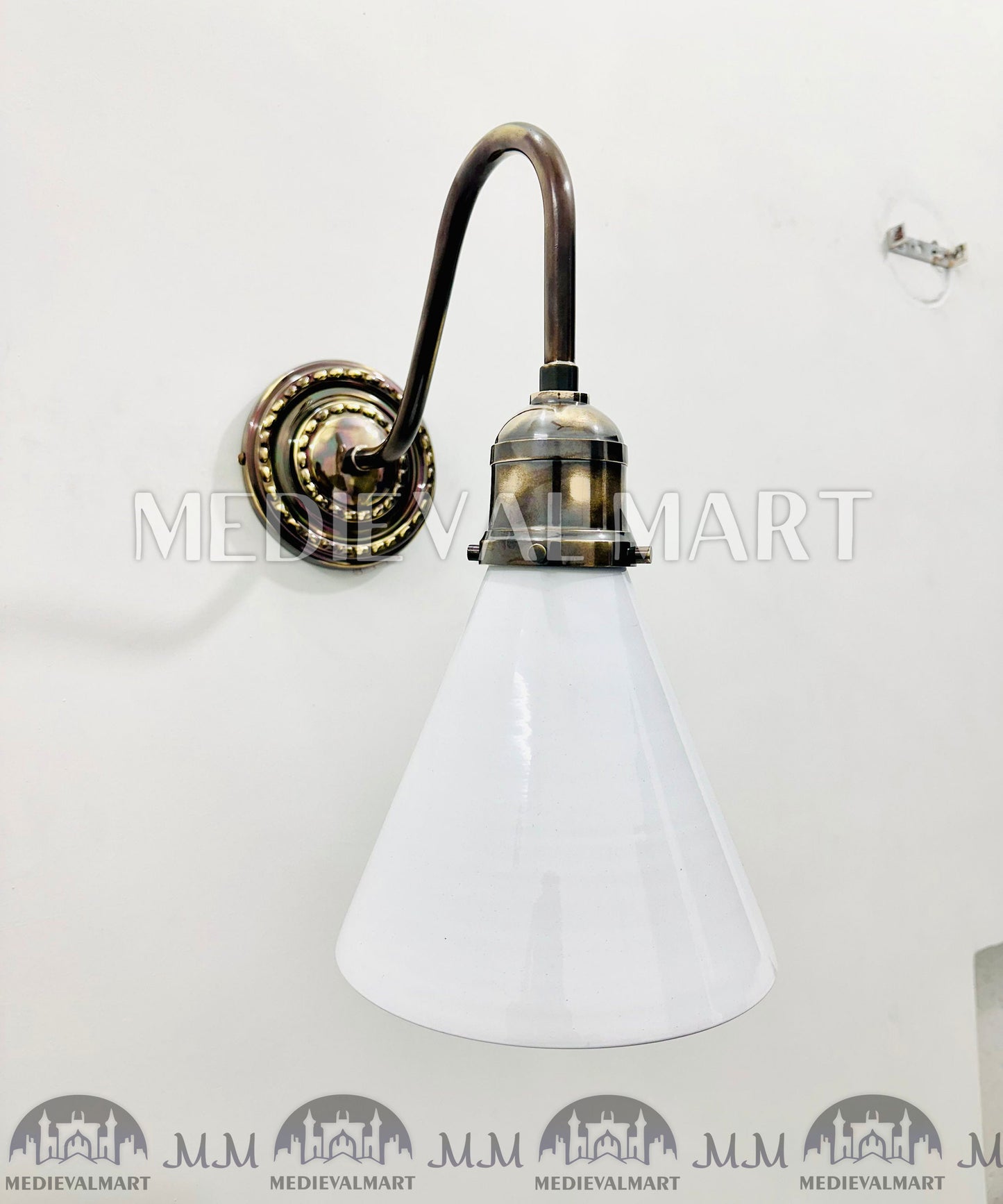 MEDIEVALMART Mid Century Modern Brass Diabolo Wall Lamp - White Glass Sconce