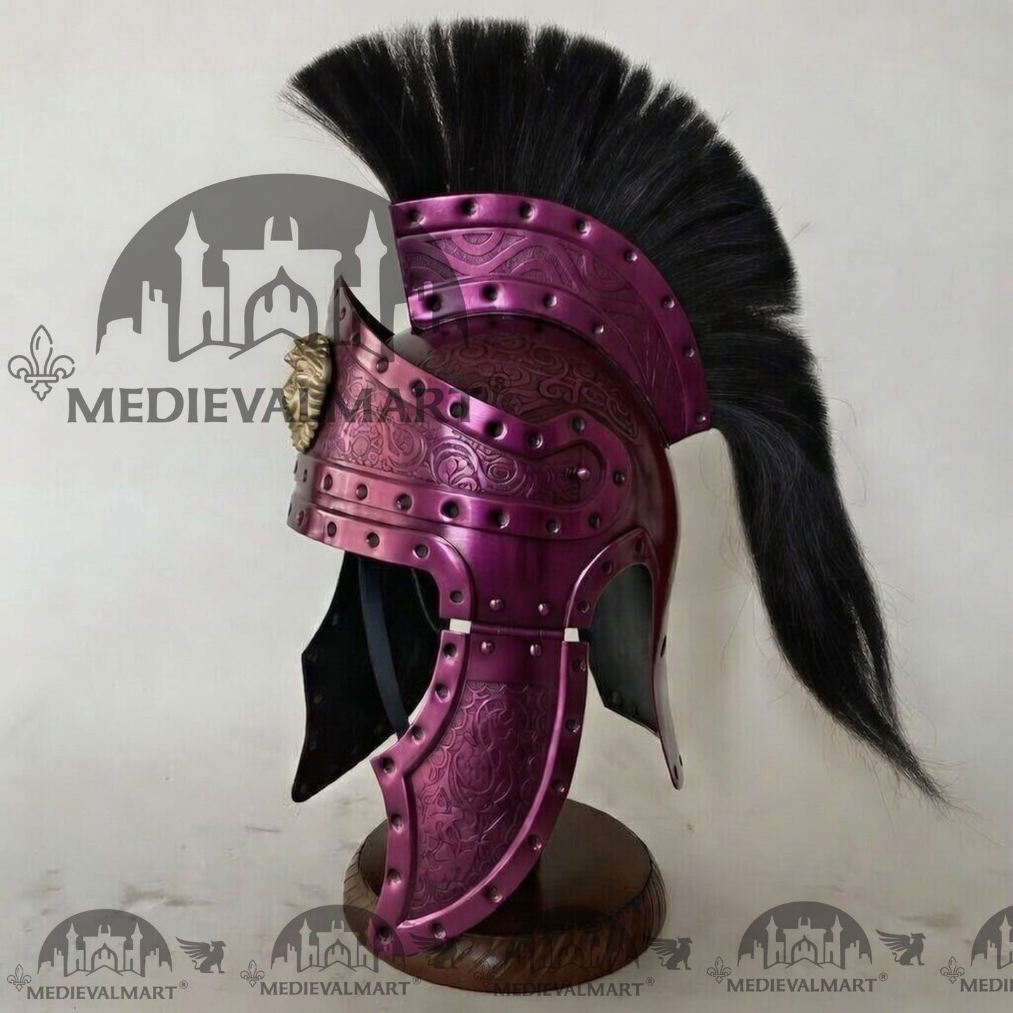 MEDIEVALMART Medieval Roman Centurion Purple Finish Helmet with Black Plume or Free Wooden Stand