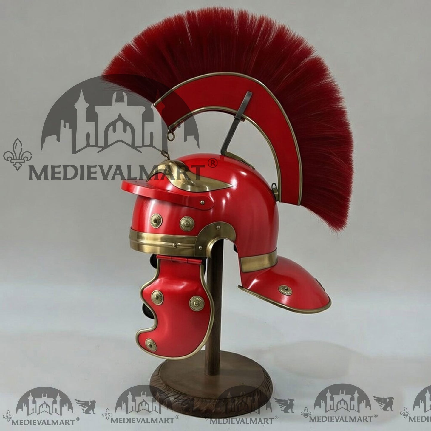 MEDIEVALMART Gallic Roman Centurion Red Finish Helmet Replica Red Plume with Free Stand