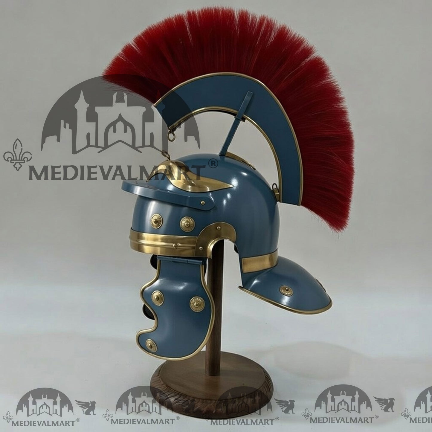 MEDIEVALMART Gallic Roman Centurion Ocean Blue Finish Helmet Replica Red Plume with Free Stand