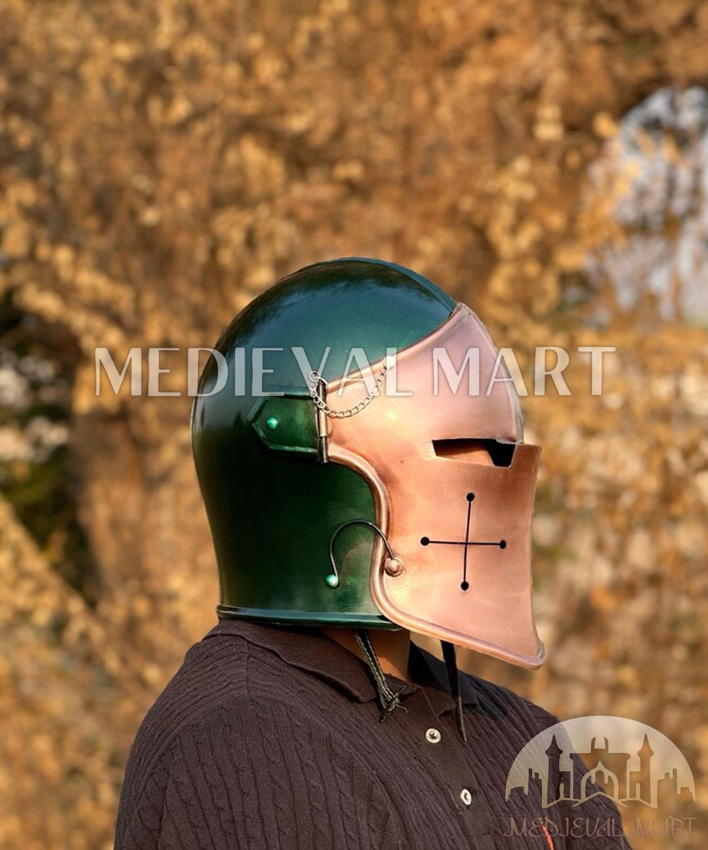 MEDIEVALMART Medieval Knight Armor 18g Mild Steel Copper Green Barbuta Helmet for LARP or Cosplay - Gift For Dad