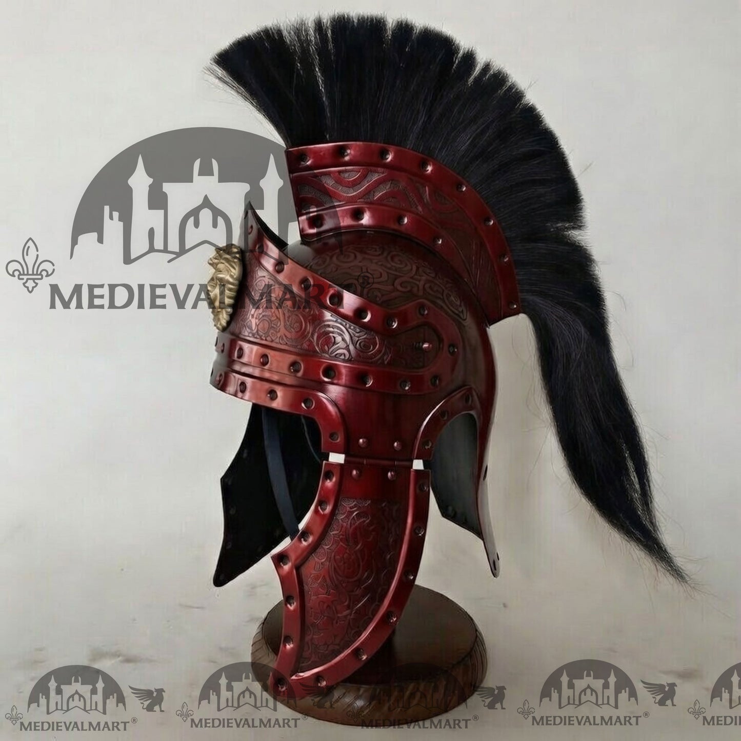 MEDIEVALMART Medieval Roman Centurion Maroon Red Finish Helmet with Black Plume or Free Wooden Stand