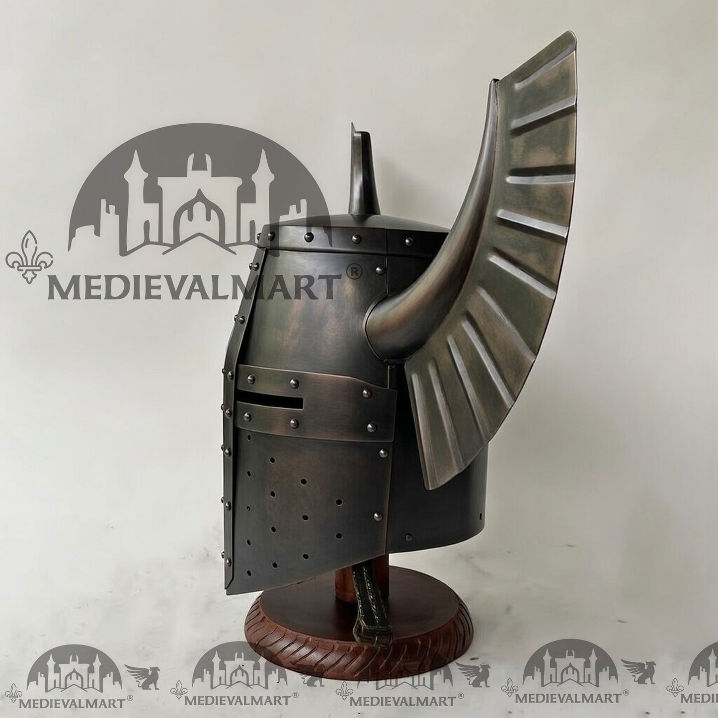 MEDIEVALMART Medieval Templar Warrior Teutonic Antique Black Finish Wing Helmet with Free Stand